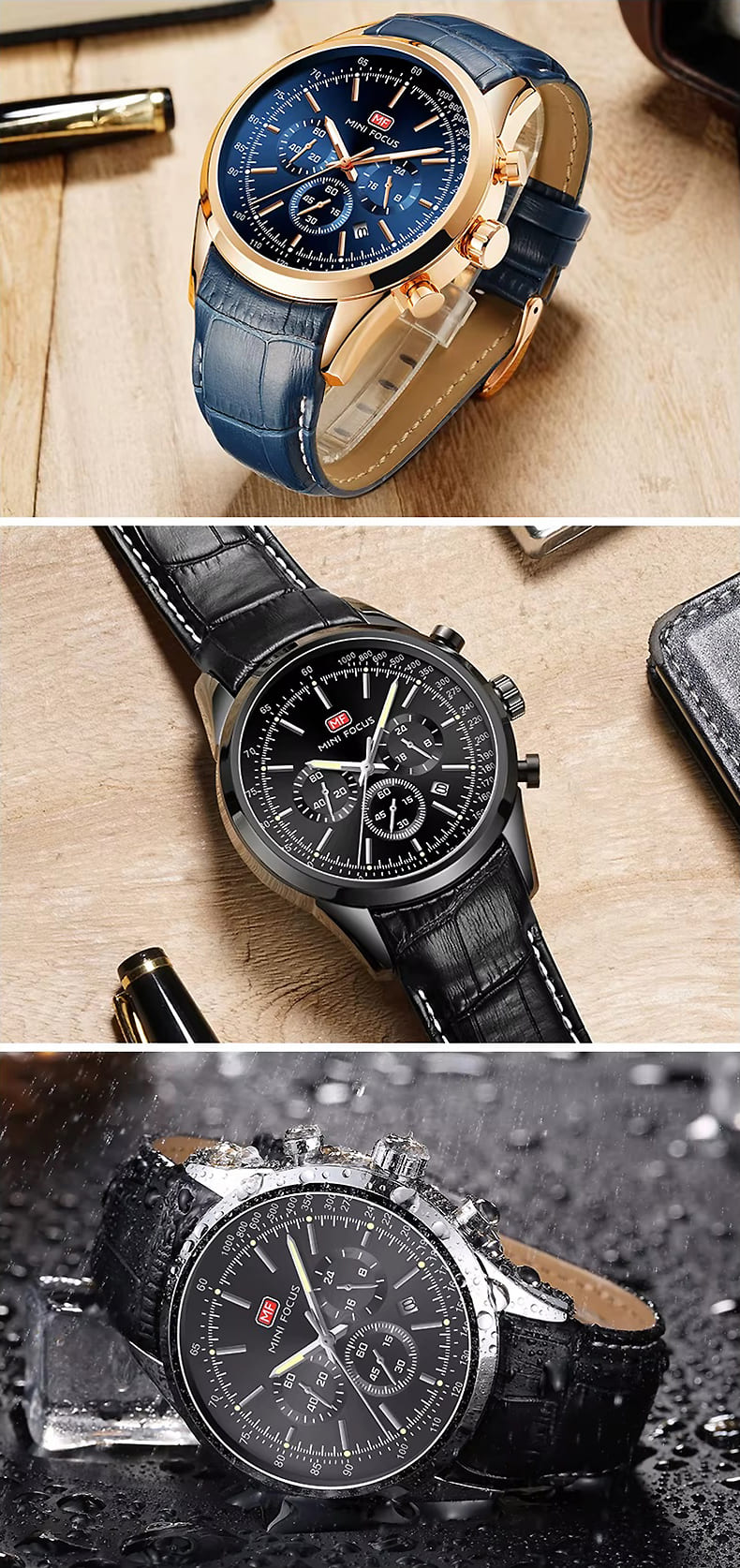mf0116g mini focus watch for men black dial leather strap quartz battery analog chronograph 18