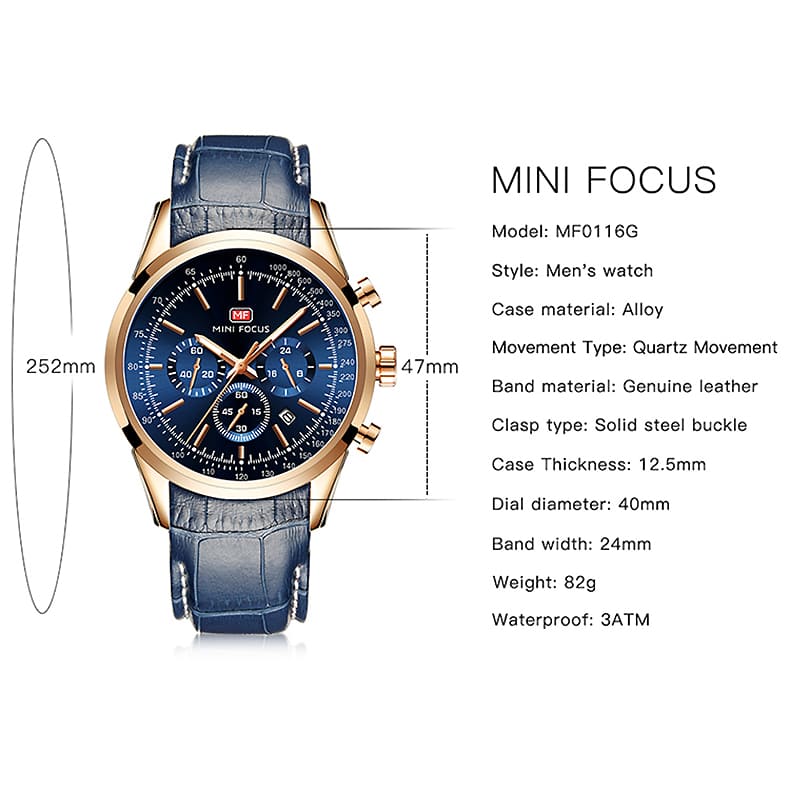 mf0116g mini focus watch for men black dial leather strap quartz battery analog chronograph 6