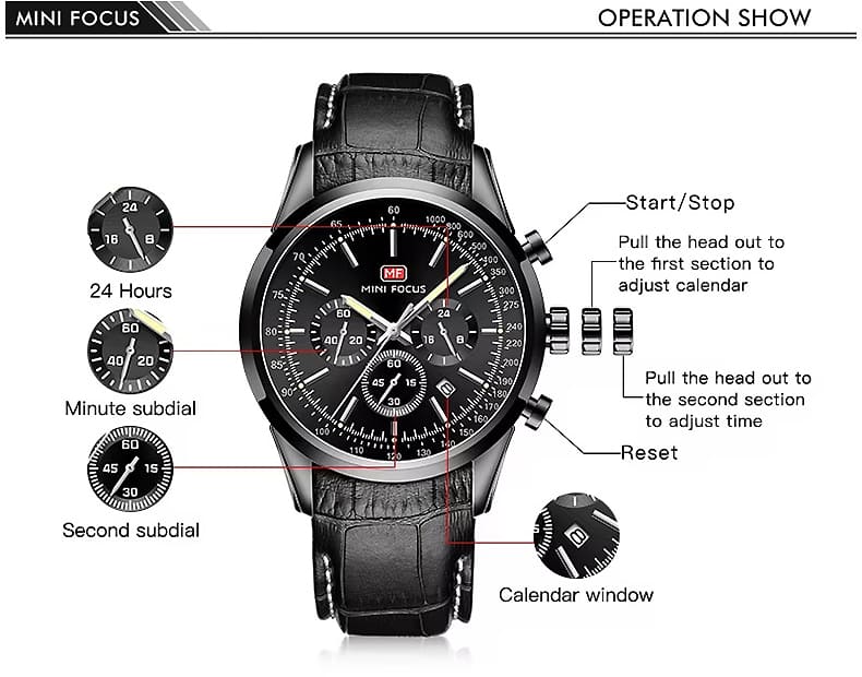 mf0116g mini focus watch for men black dial leather strap quartz battery analog chronograph 8