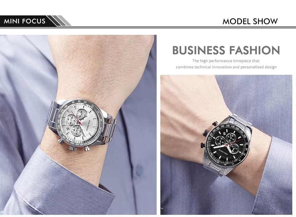 mf0187g mini focus watch for men black dial stainless steel metal silver strap quartz battery analog chronograph 10