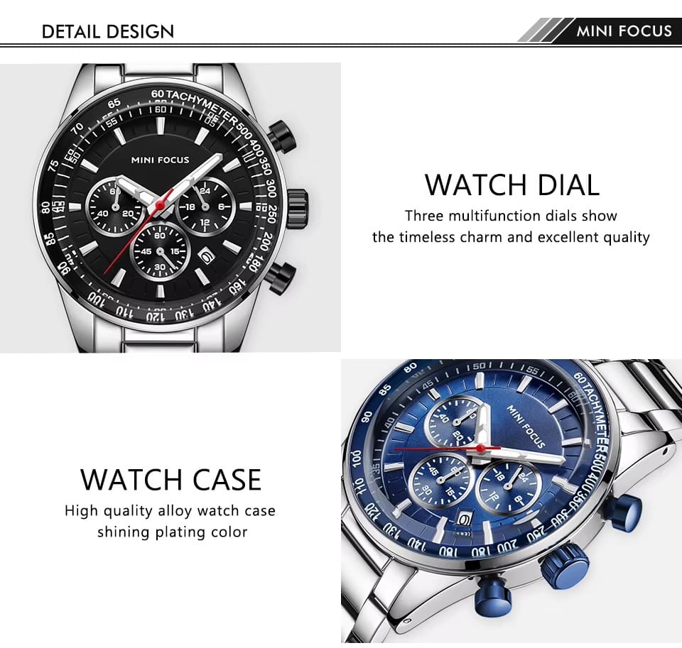 mf0187g mini focus watch for men black dial stainless steel metal silver strap quartz battery analog chronograph 12