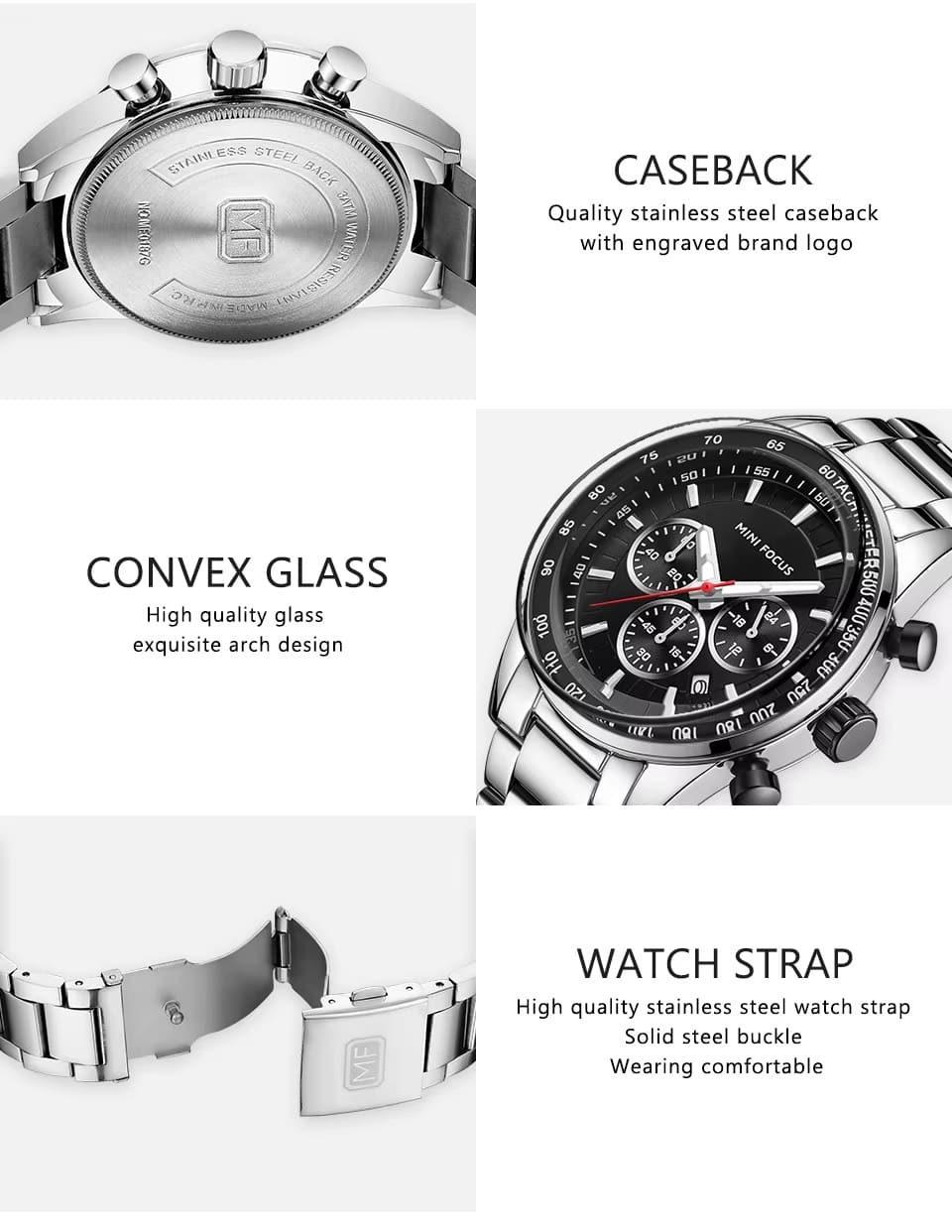 mf0187g mini focus watch for men black dial stainless steel metal silver strap quartz battery analog chronograph 13