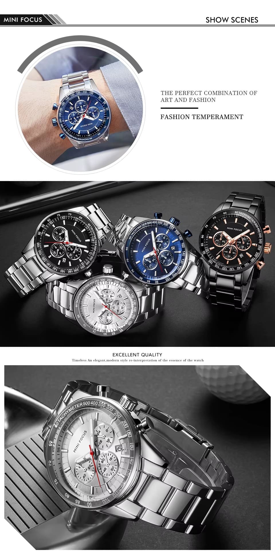 mf0187g mini focus watch for men black dial stainless steel metal silver strap quartz battery analog chronograph 15