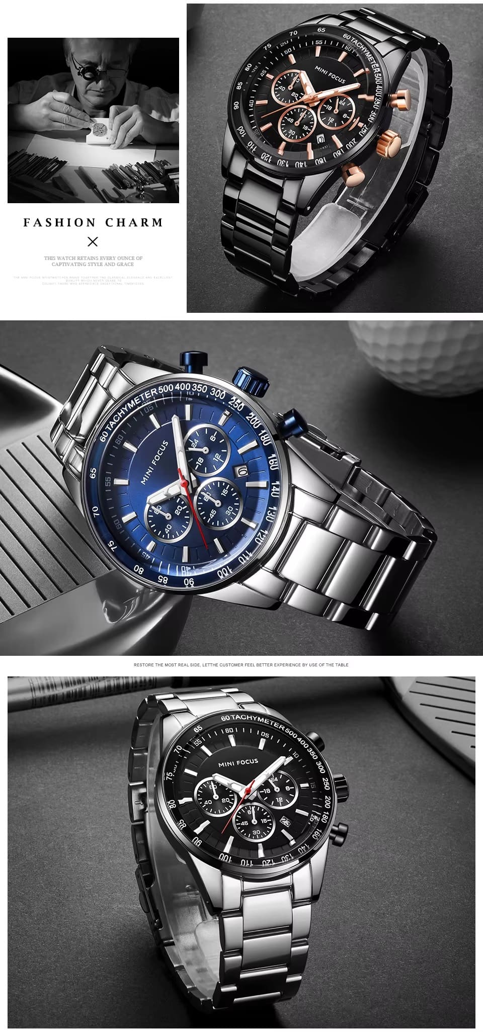 mf0187g mini focus watch for men black dial stainless steel metal silver strap quartz battery analog chronograph 16