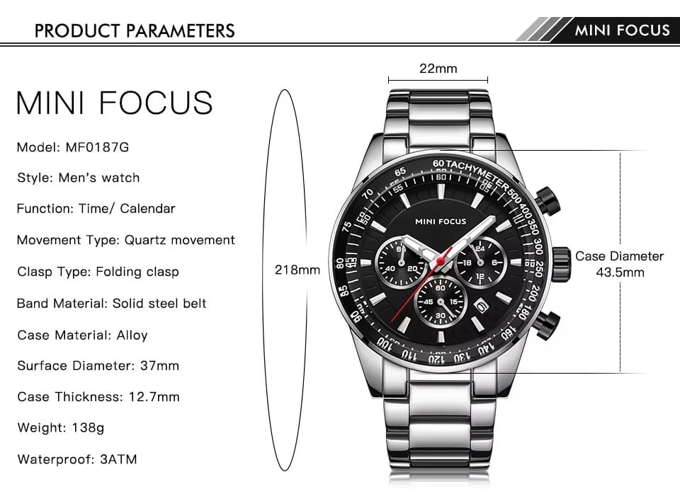 mf0187g mini focus watch for men black dial stainless steel metal silver strap quartz battery analog chronograph 7