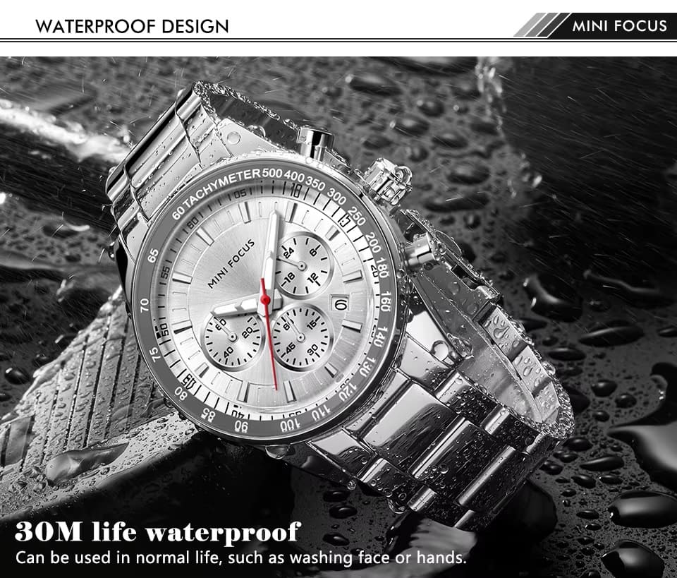 mf0187g mini focus watch for men black dial stainless steel metal silver strap quartz battery analog chronograph 9