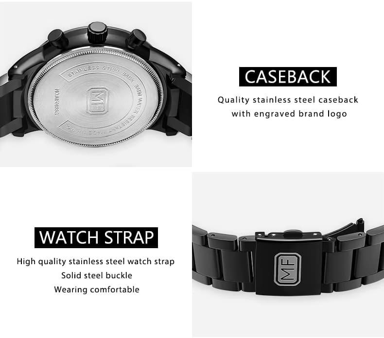 mf0188g mini focus watch for men black dial stainless steel metal strap quartz battery analog chronograph 10