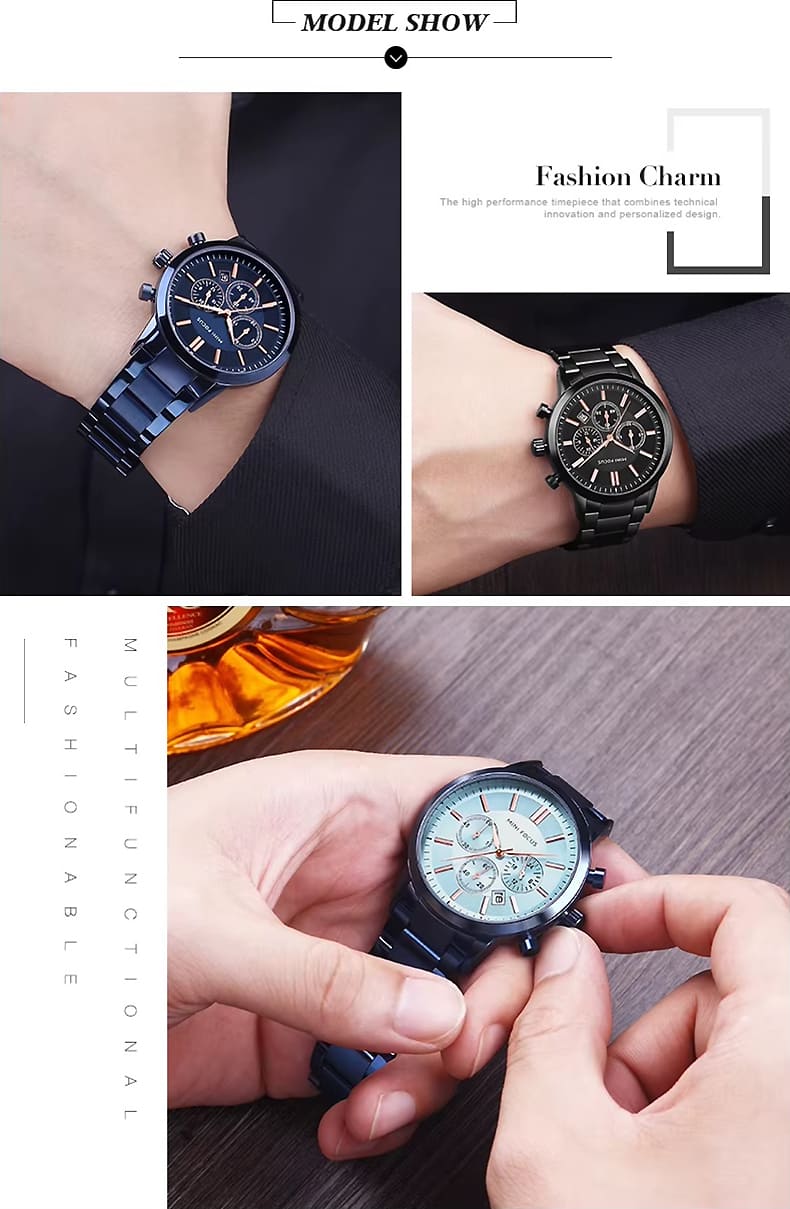 mf0188g mini focus watch for men black dial stainless steel metal strap quartz battery analog chronograph 12