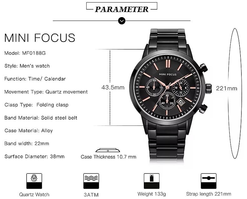 mf0188g mini focus watch for men black dial stainless steel metal strap quartz battery analog chronograph 15