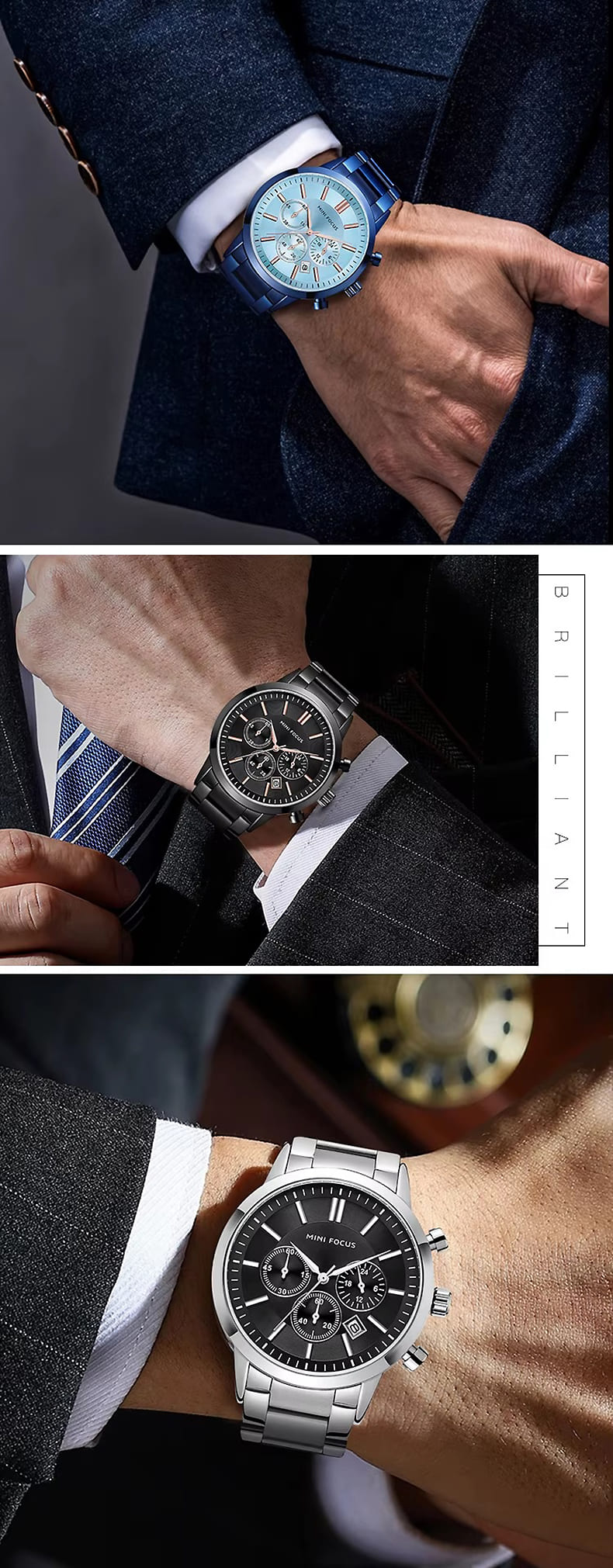 mf0188g mini focus watch for men black dial stainless steel metal strap quartz battery analog chronograph 16