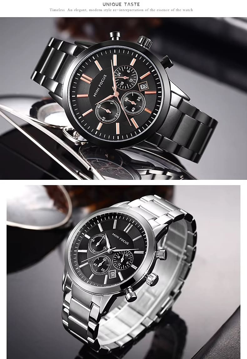 mf0188g mini focus watch for men black dial stainless steel metal strap quartz battery analog chronograph 18