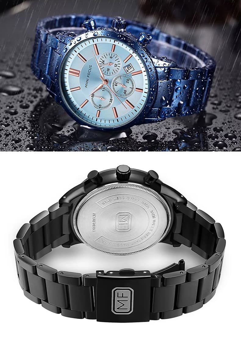 mf0188g mini focus watch for men black dial stainless steel metal strap quartz battery analog chronograph 19