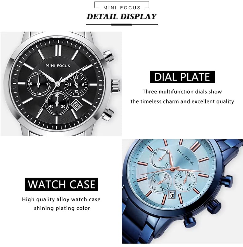 mf0188g mini focus watch for men black dial stainless steel metal strap quartz battery analog chronograph 8