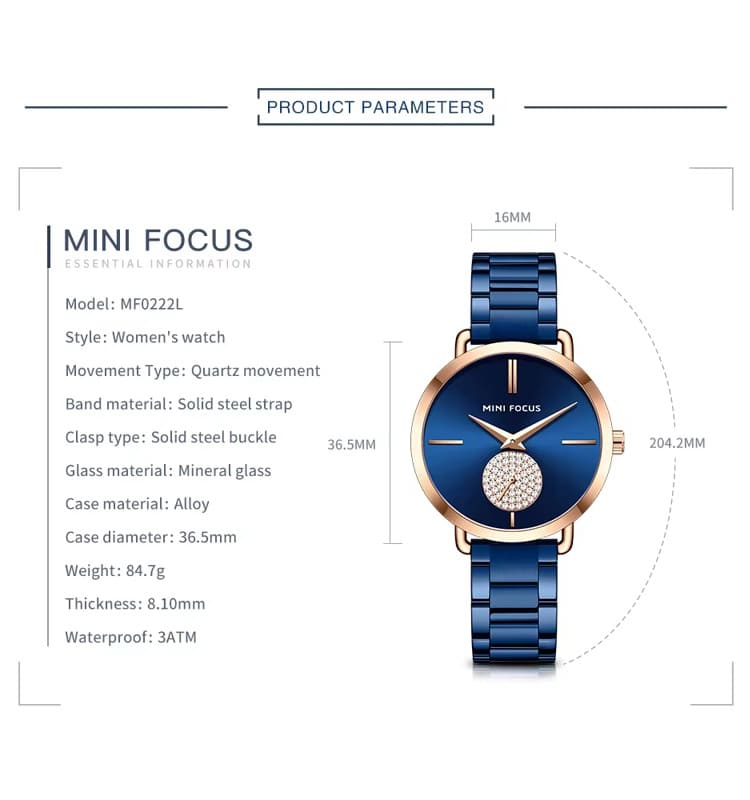 mf0222l mini focus watch for women crystals silver dial stainless steel metal strap quartz battery analog 8