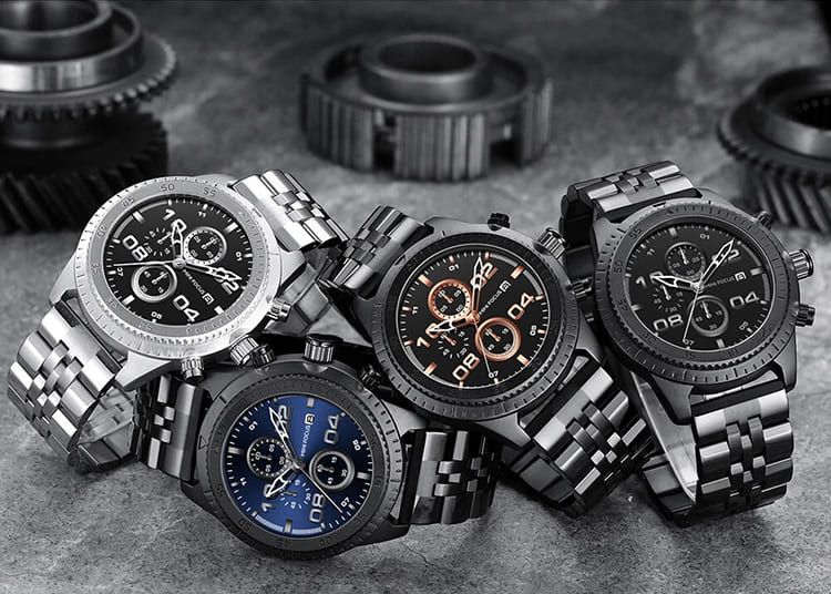 mf0230g mini focus watch for men black dial stainless steel metal strap quartz battery analog chronograph 6