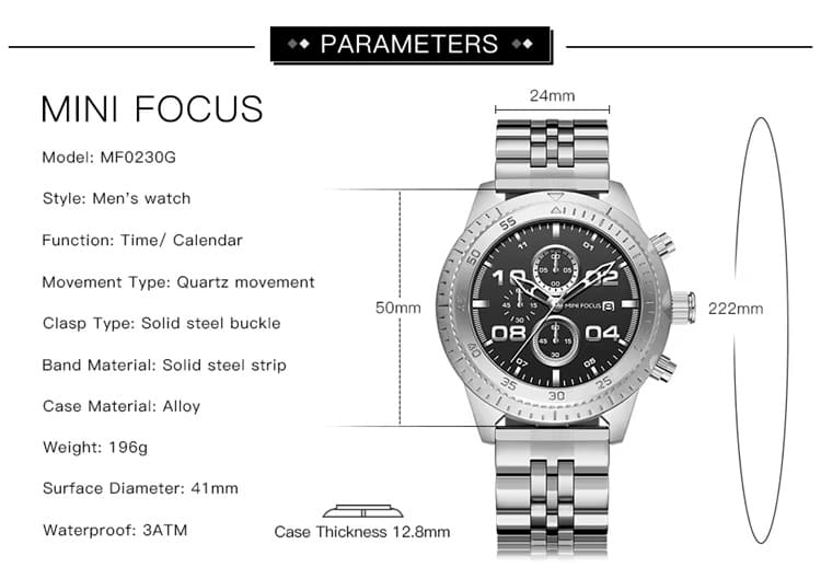 mf0230g mini focus watch for men black dial stainless steel metal strap quartz battery analog chronograph 7