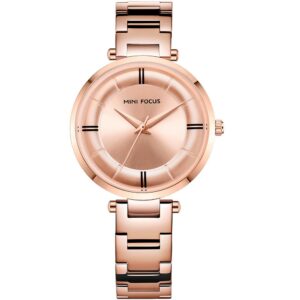 mf0235l 02 mini focus watch for women rose gold dial stainless steel metal rose golden strap quartz battery analog
