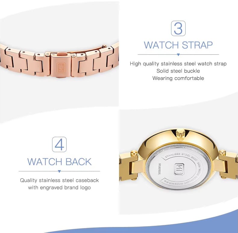 mf0235l mini focus watch for women gold dial stainless steel metal golden strap quartz battery analog 13
