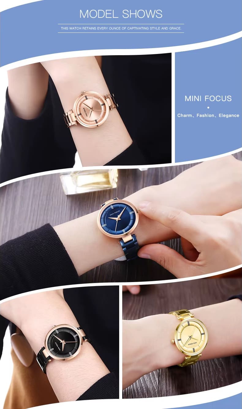 mf0235l mini focus watch for women gold dial stainless steel metal golden strap quartz battery analog 14