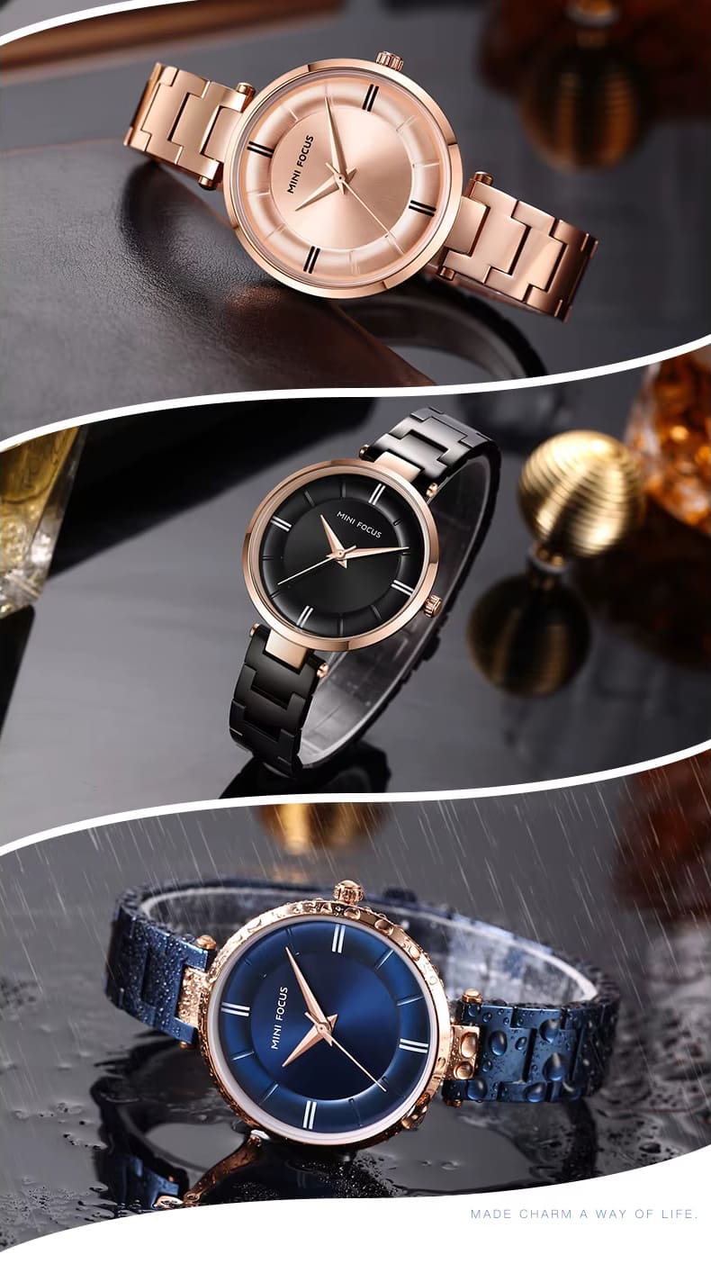 mf0235l mini focus watch for women gold dial stainless steel metal golden strap quartz battery analog 16