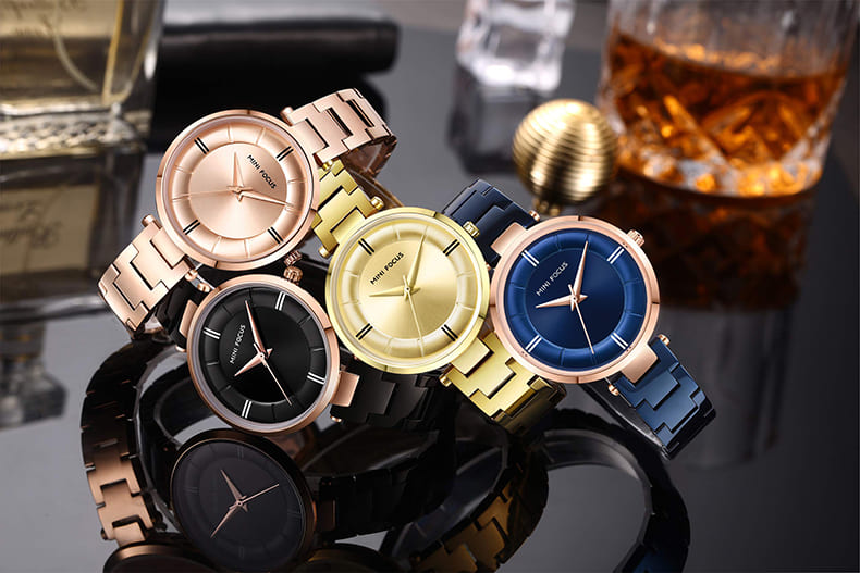 mf0235l mini focus watch for women gold dial stainless steel metal golden strap quartz battery analog 5
