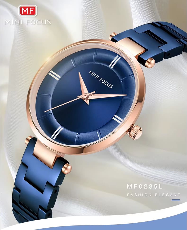 mf0235l mini focus watch for women gold dial stainless steel metal golden strap quartz battery analog 6
