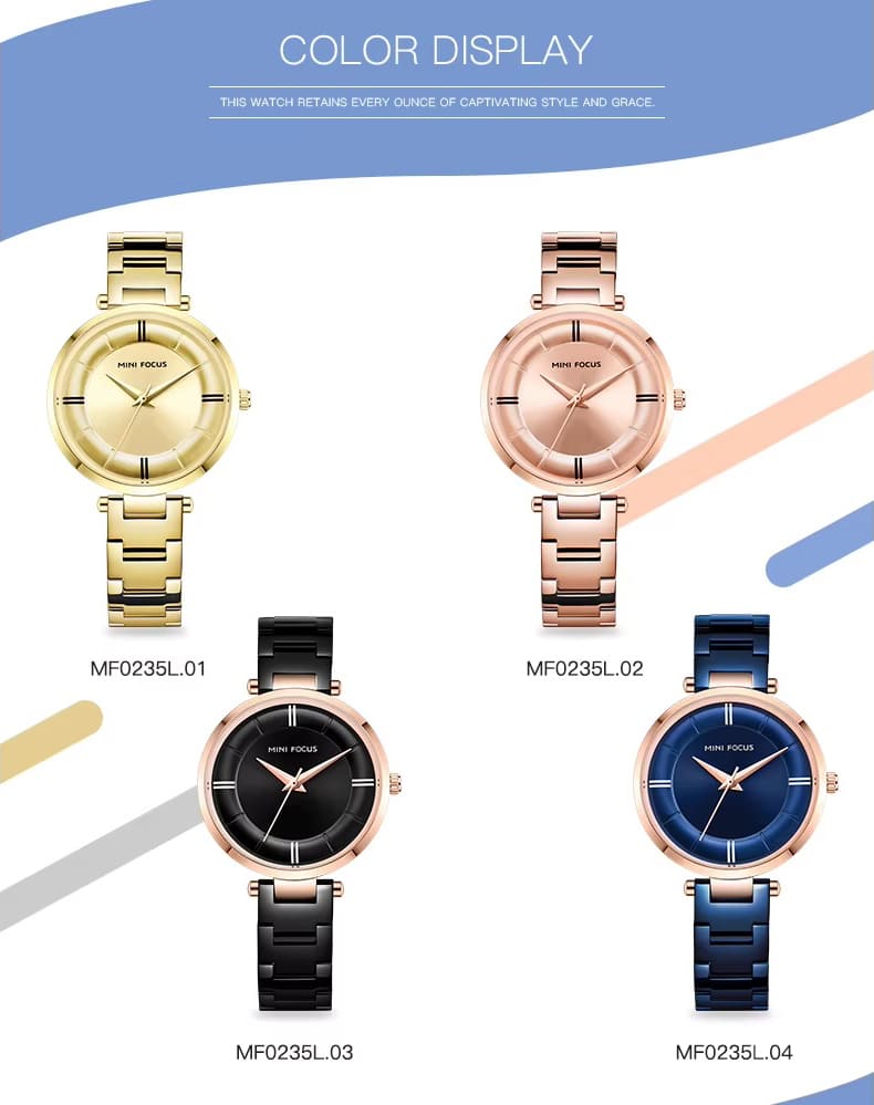 mf0235l mini focus watch for women gold dial stainless steel metal golden strap quartz battery analog 7