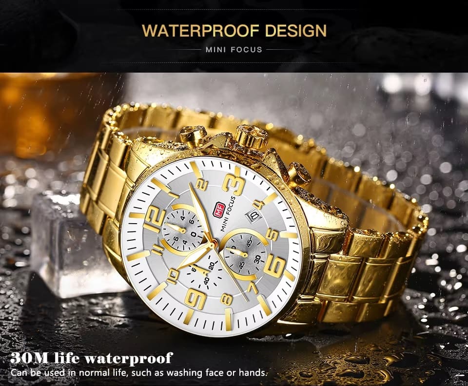mf0278g mini focus watch for men black dial stainless steel metal gold strap quartz battery analog chronograph 10
