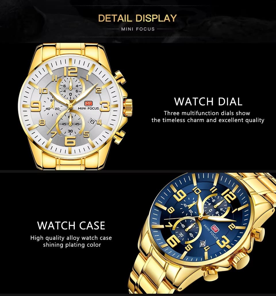 mf0278g mini focus watch for men black dial stainless steel metal gold strap quartz battery analog chronograph 11