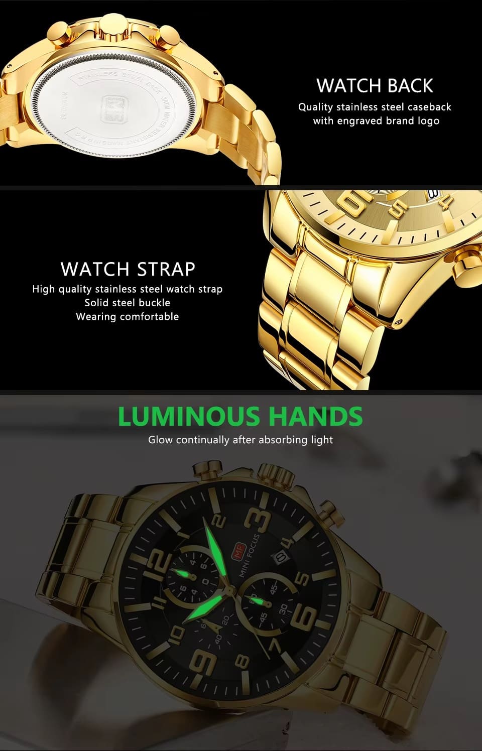 mf0278g mini focus watch for men black dial stainless steel metal gold strap quartz battery analog chronograph 12