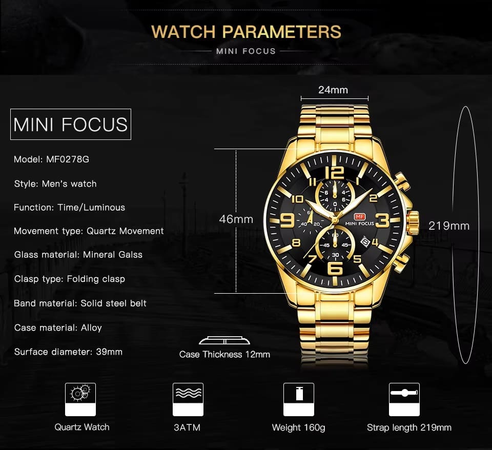 mf0278g mini focus watch for men black dial stainless steel metal gold strap quartz battery analog chronograph 13
