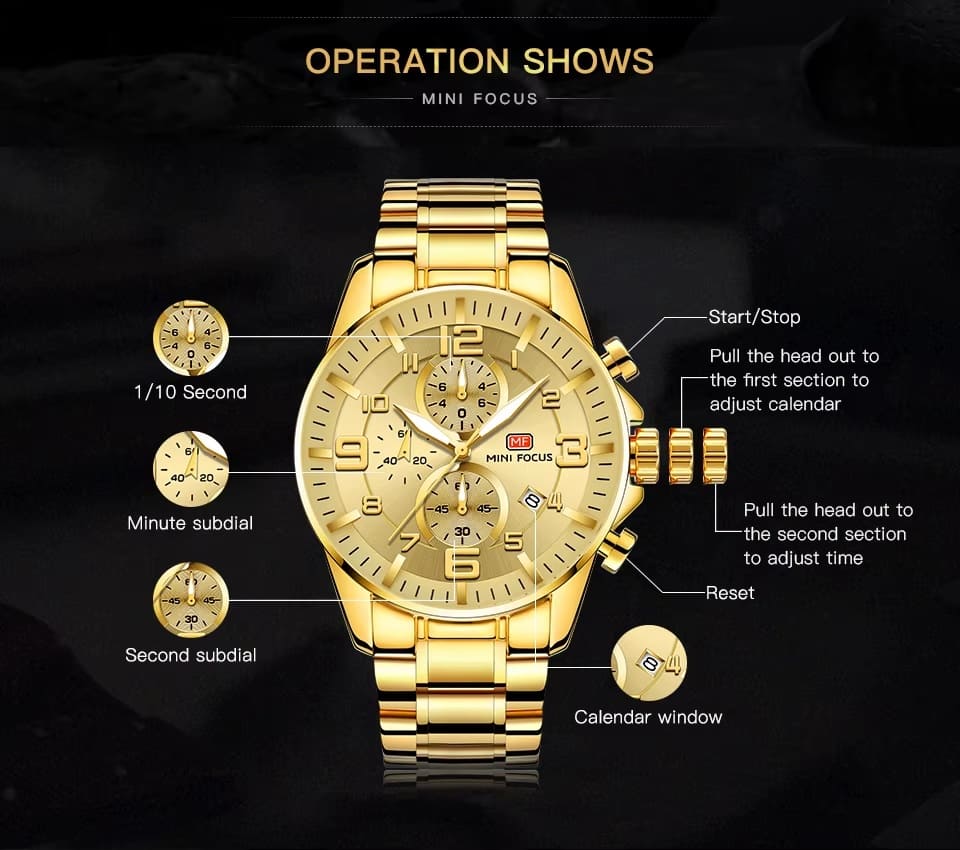 mf0278g mini focus watch for men black dial stainless steel metal gold strap quartz battery analog chronograph 14