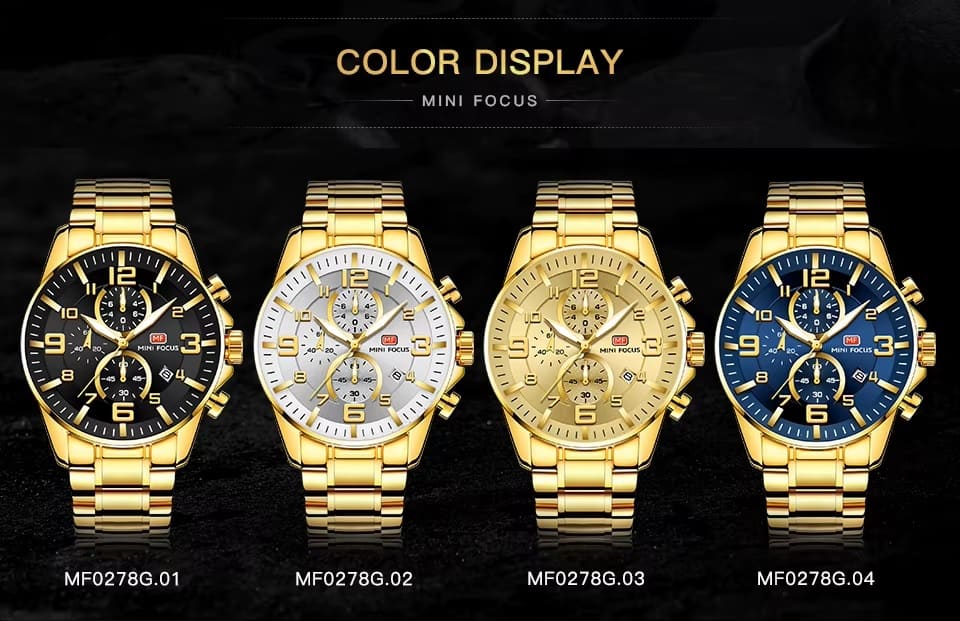 mf0278g mini focus watch for men black dial stainless steel metal gold strap quartz battery analog chronograph 15