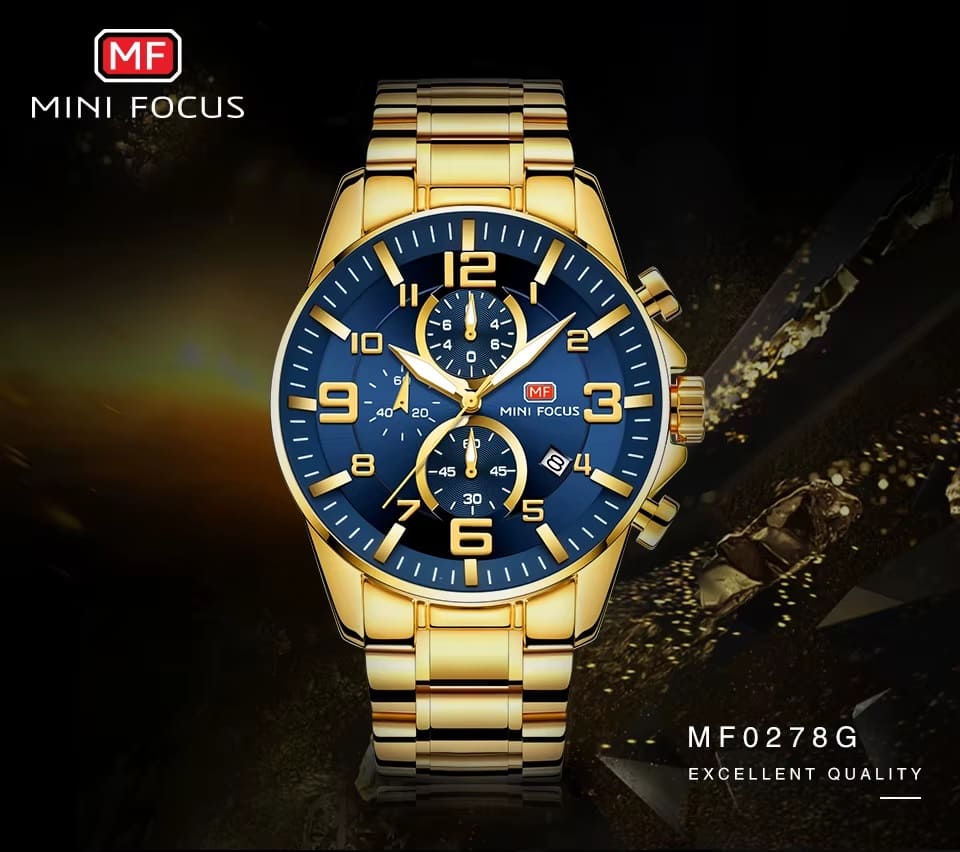mf0278g mini focus watch for men black dial stainless steel metal gold strap quartz battery analog chronograph 16