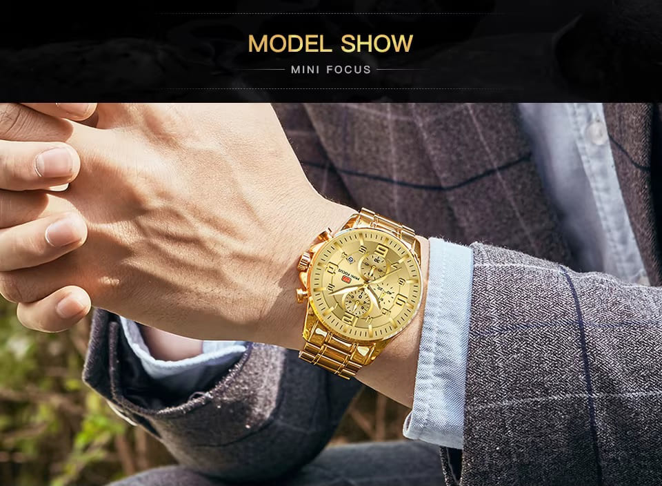 mf0278g mini focus watch for men black dial stainless steel metal gold strap quartz battery analog chronograph 6