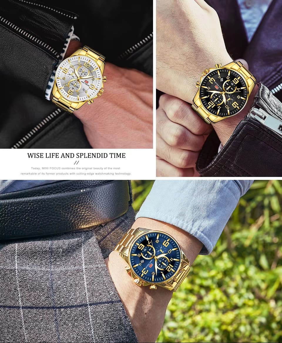 mf0278g mini focus watch for men black dial stainless steel metal gold strap quartz battery analog chronograph 7