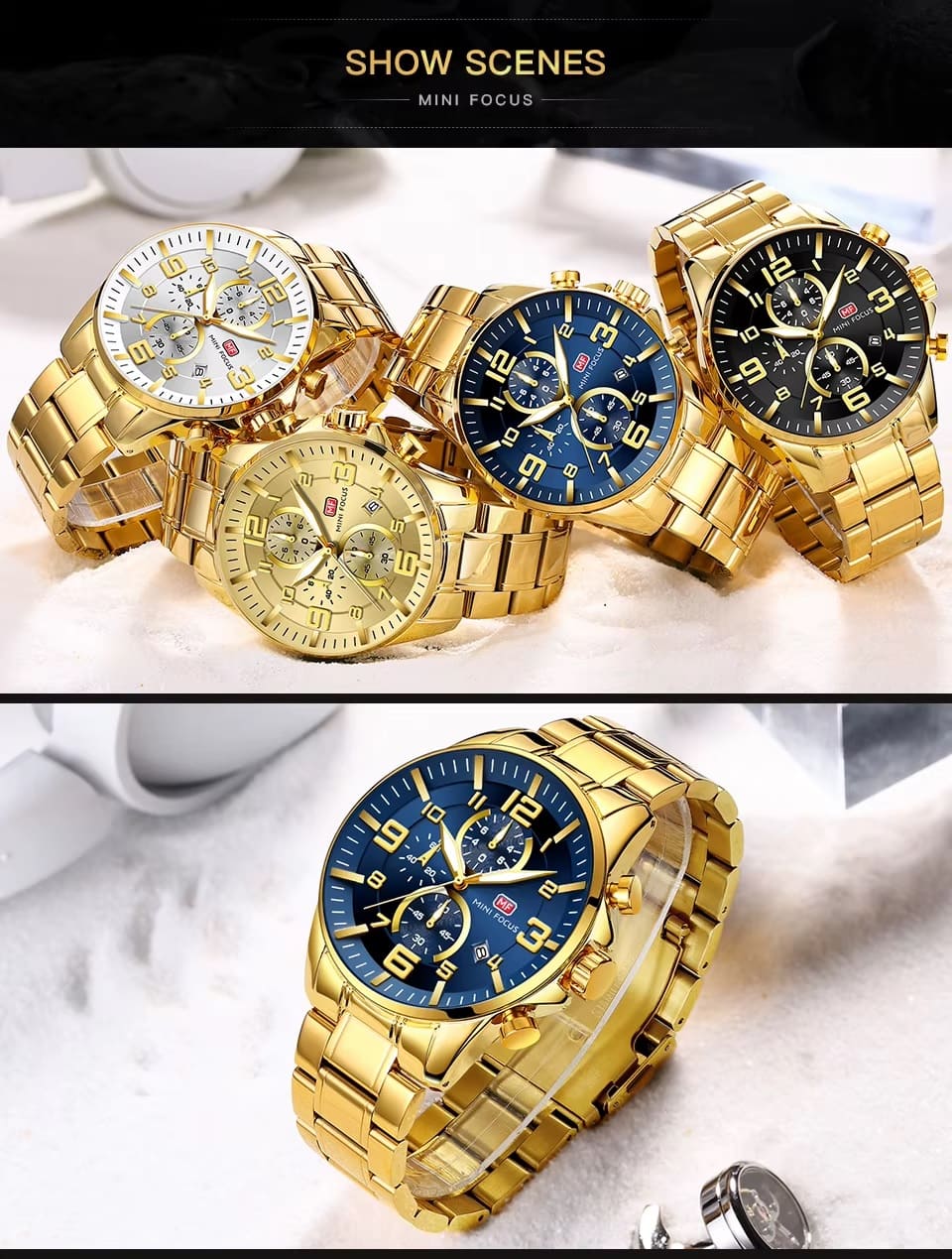 mf0278g mini focus watch for men black dial stainless steel metal gold strap quartz battery analog chronograph 8