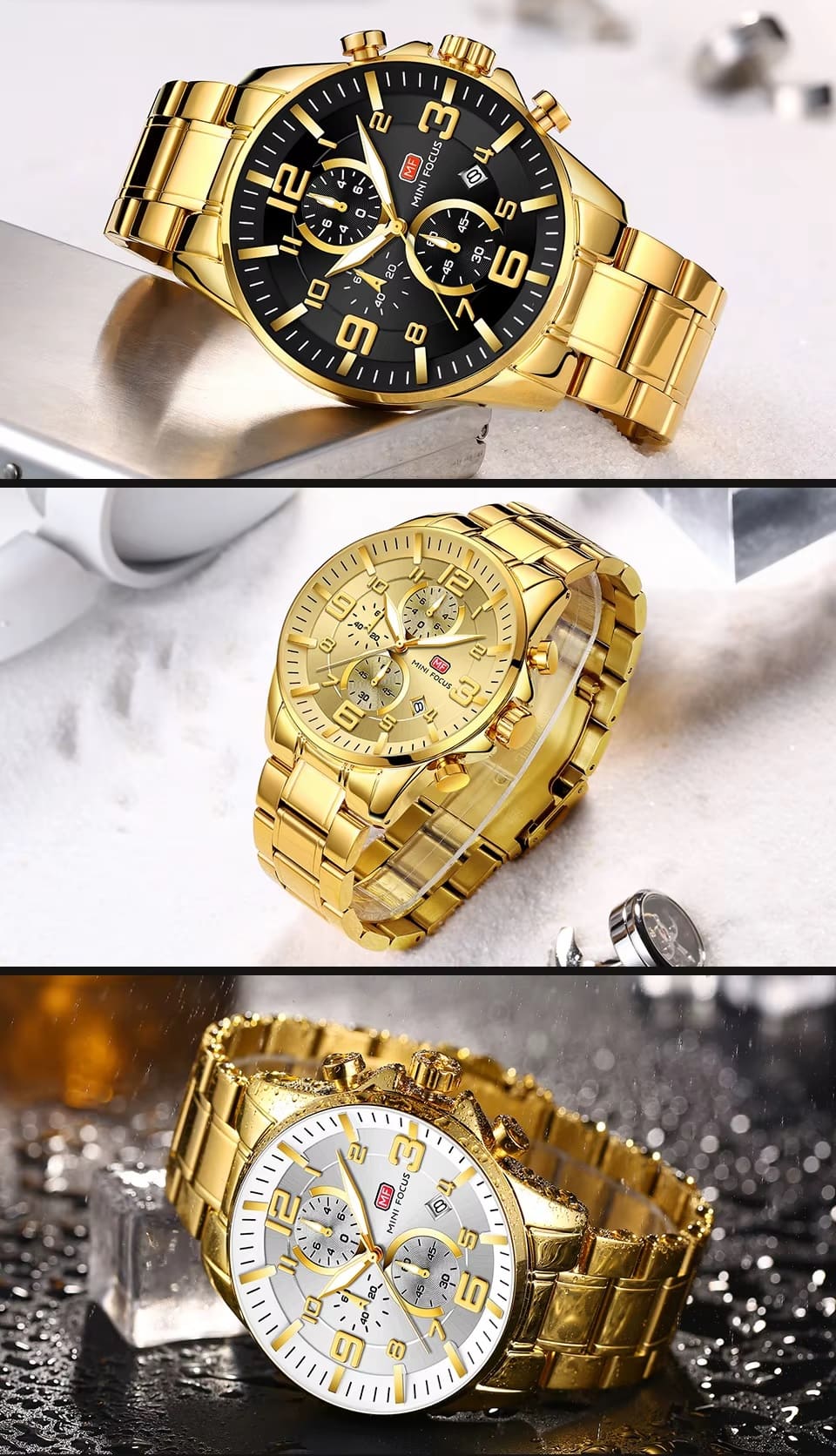 mf0278g mini focus watch for men black dial stainless steel metal gold strap quartz battery analog chronograph 9