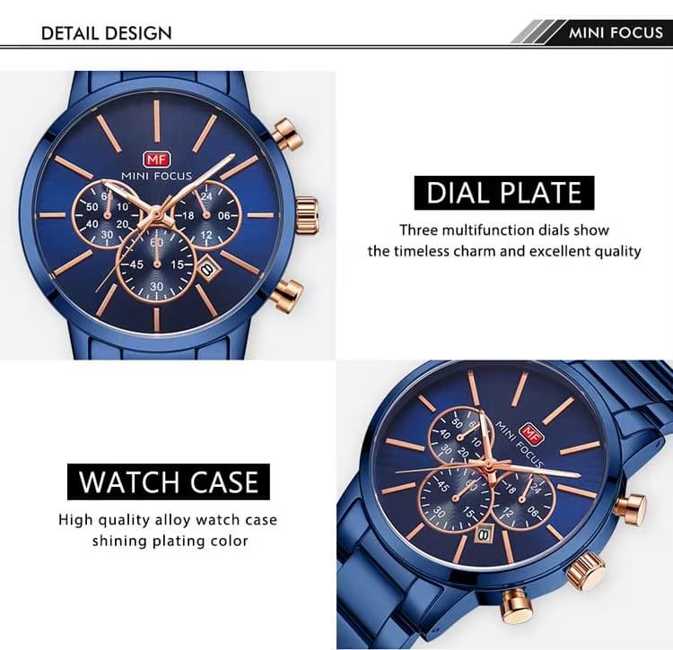 mf0294g mini focus watch for men silver dial stainless steel metal blue strap quartz battery analog chronograph 14