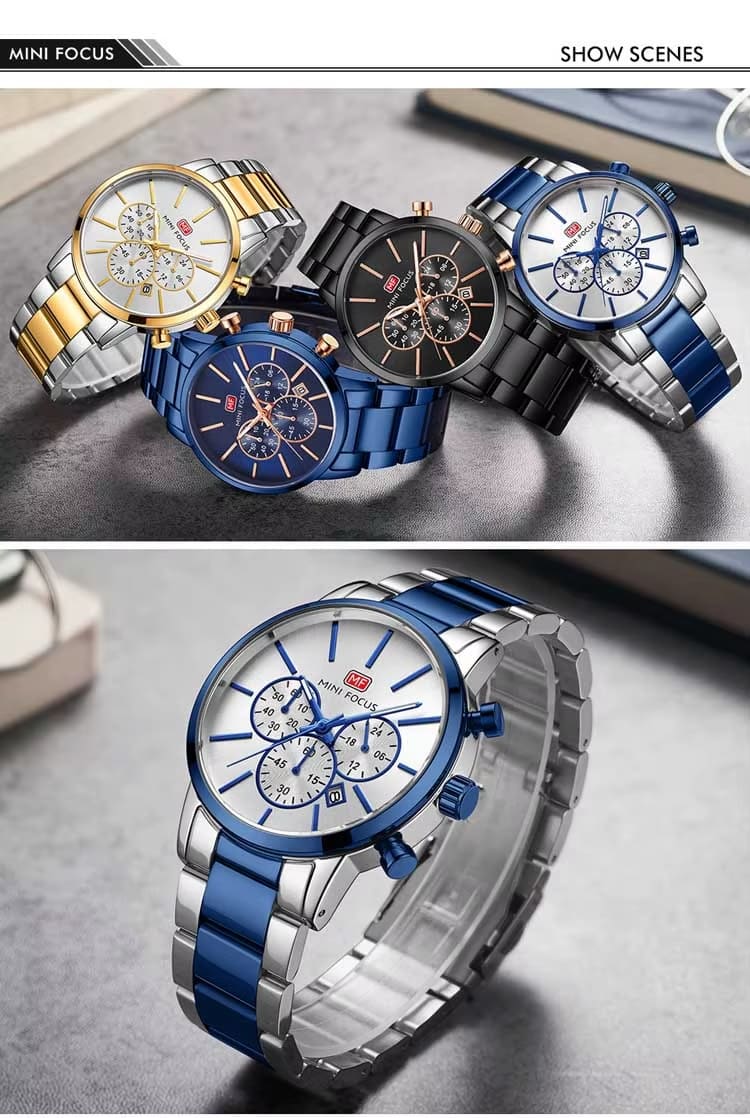 mf0294g mini focus watch for men silver dial stainless steel metal blue strap quartz battery analog chronograph 17