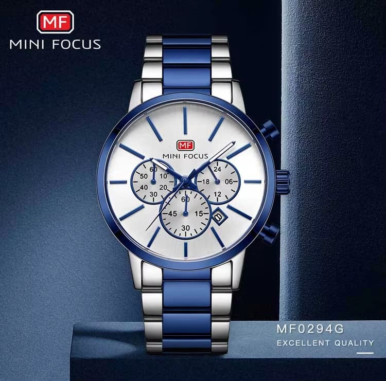 mf0294g mini focus watch for men silver dial stainless steel metal blue strap quartz battery analog chronograph 7