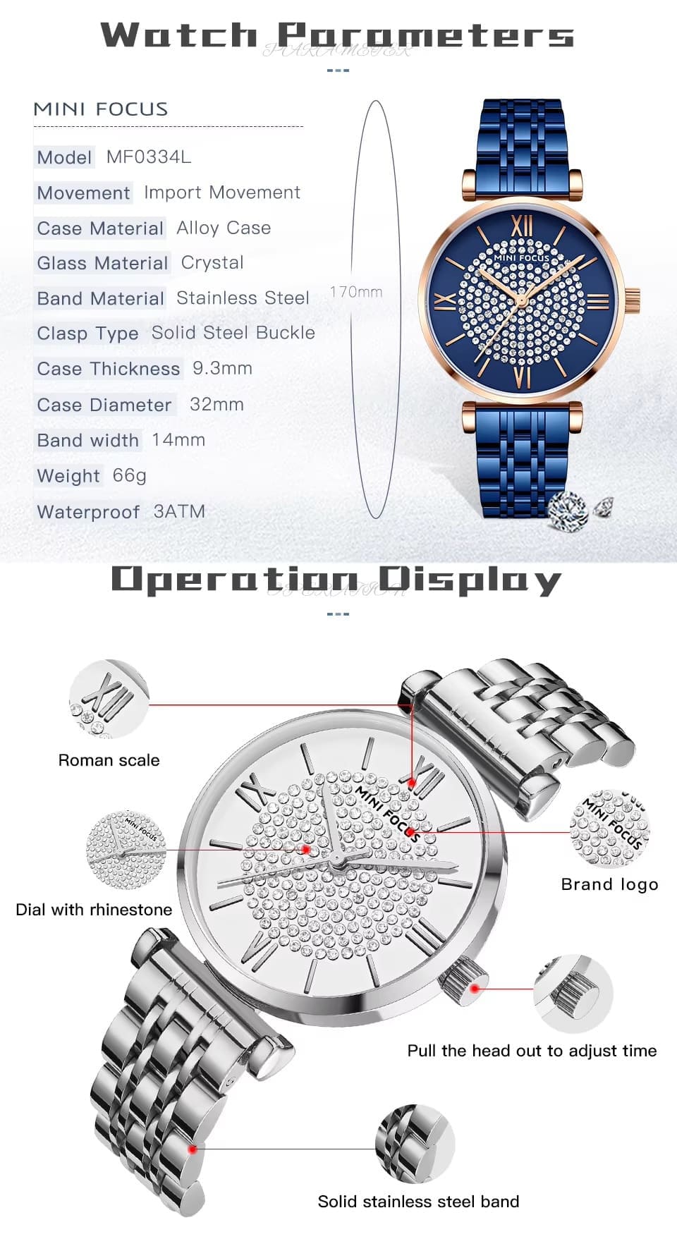 mf0334l mini focus watch for women crystals silver dial leather white strap quartz battery analog 13