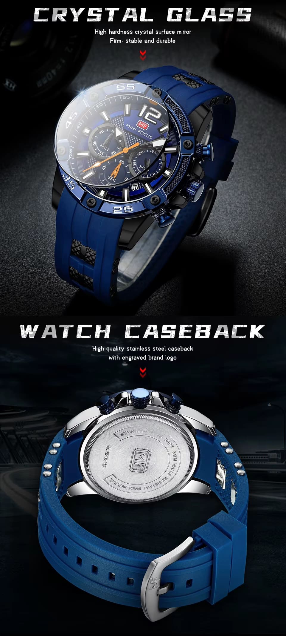 mf0349g mini focus watch for men blue dial rubber strap quartz battery analog chronograph 13