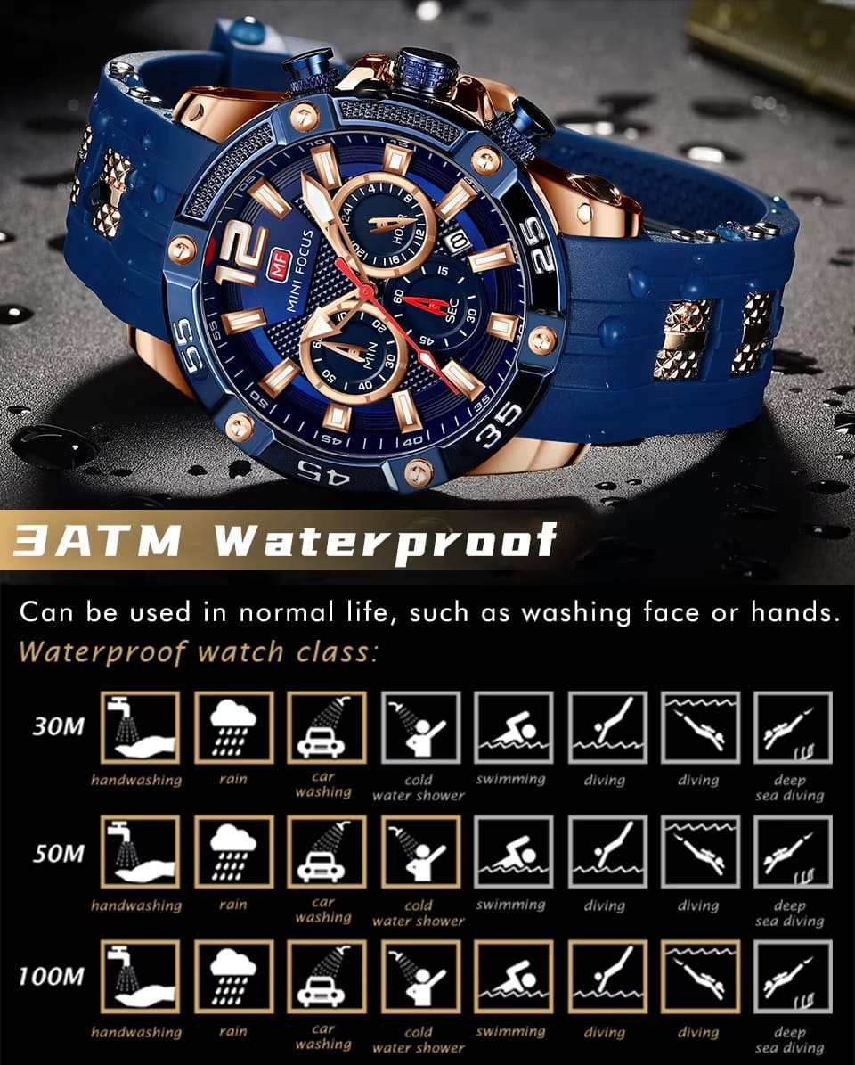 mf0349g mini focus watch for men blue dial rubber strap quartz battery analog chronograph 18