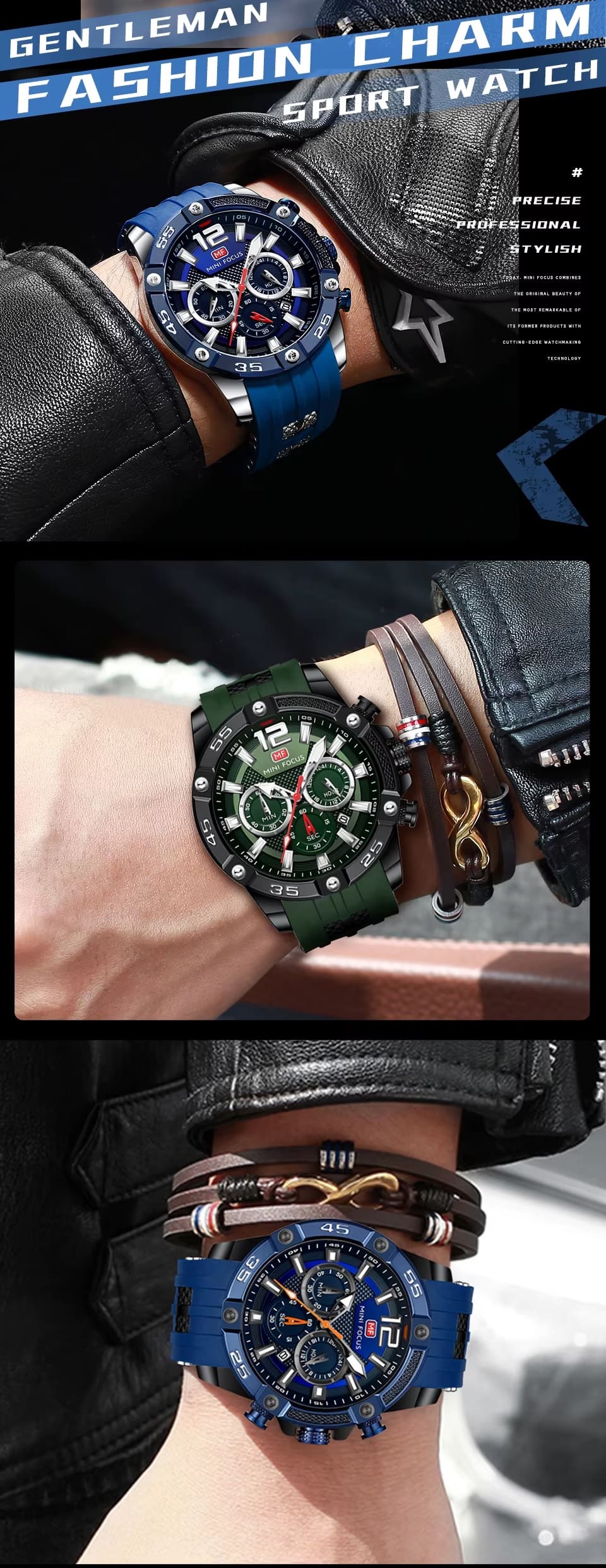 mf0349g mini focus watch for men blue dial rubber strap quartz battery analog chronograph 22