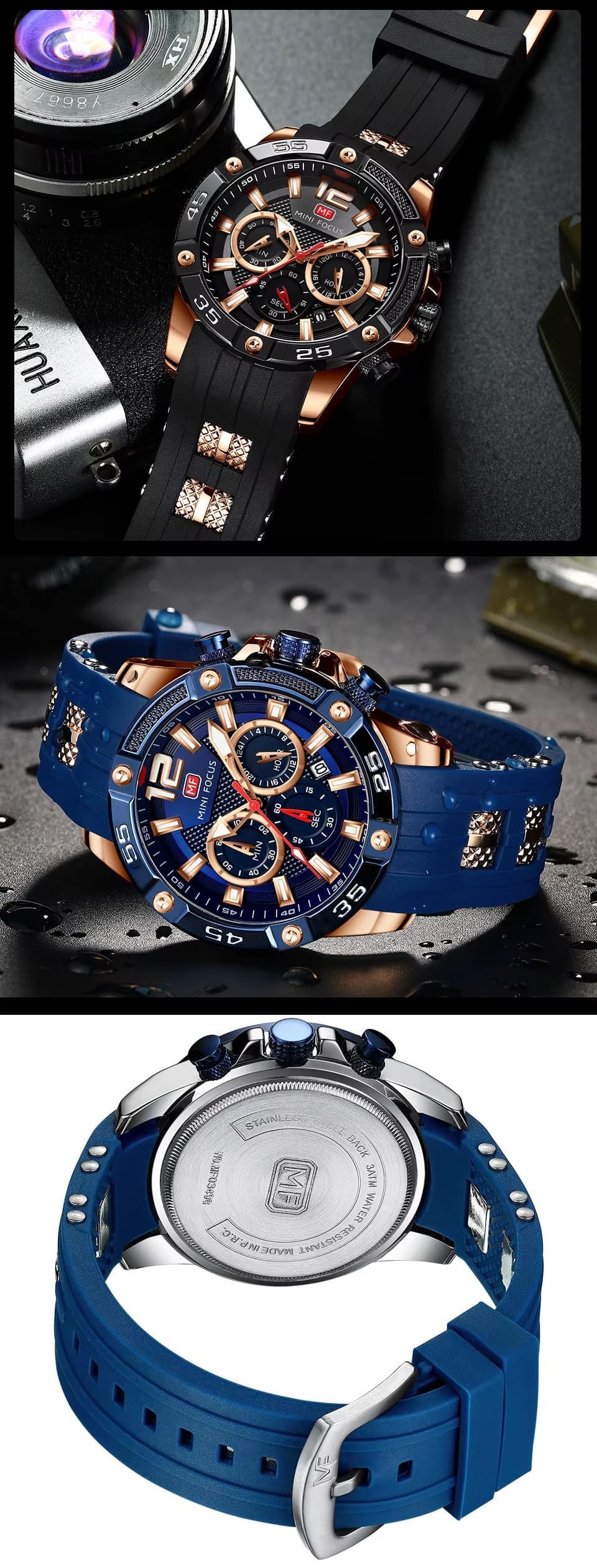 mf0349g mini focus watch for men blue dial rubber strap quartz battery analog chronograph 25