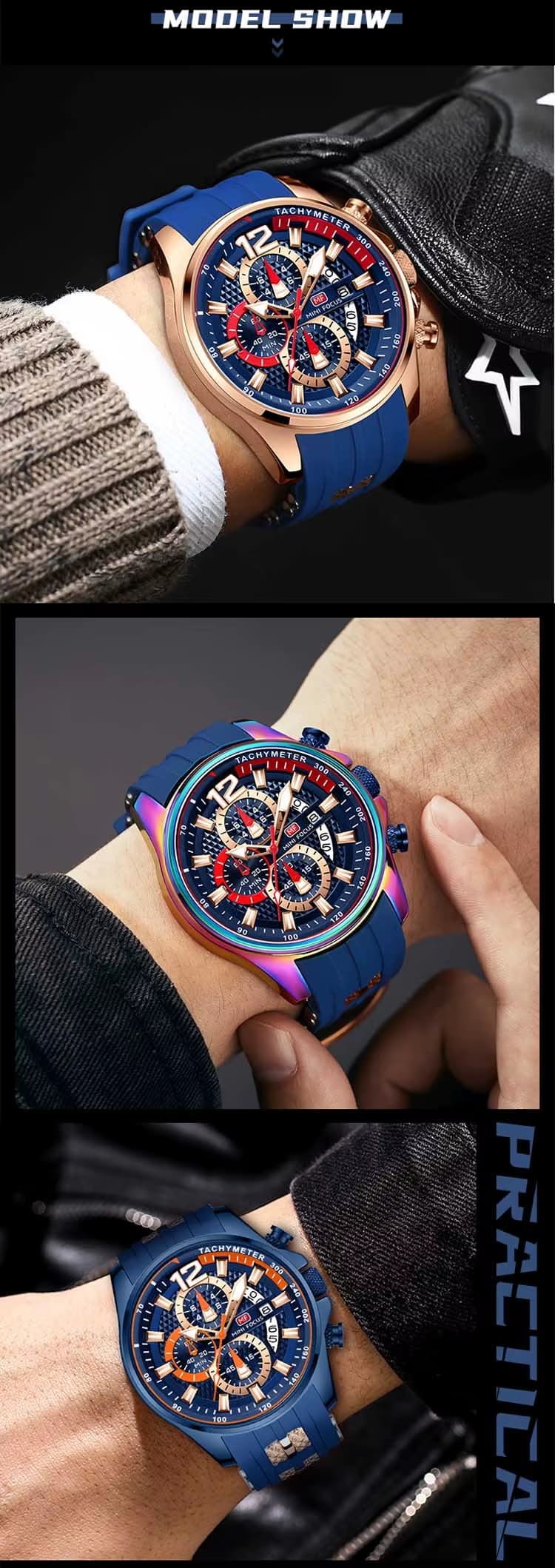 mf0350g mini focus watch for men black dial rubber strap quartz battery analog chronograph 19