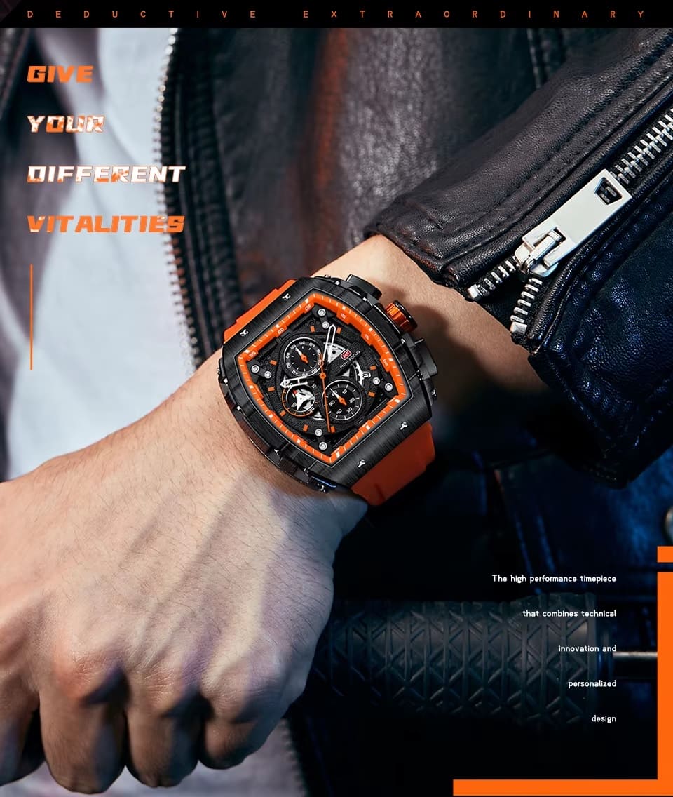 mf0399g mini focus watch for men black dial rubber orange strap quartz battery square analog chronograph 10