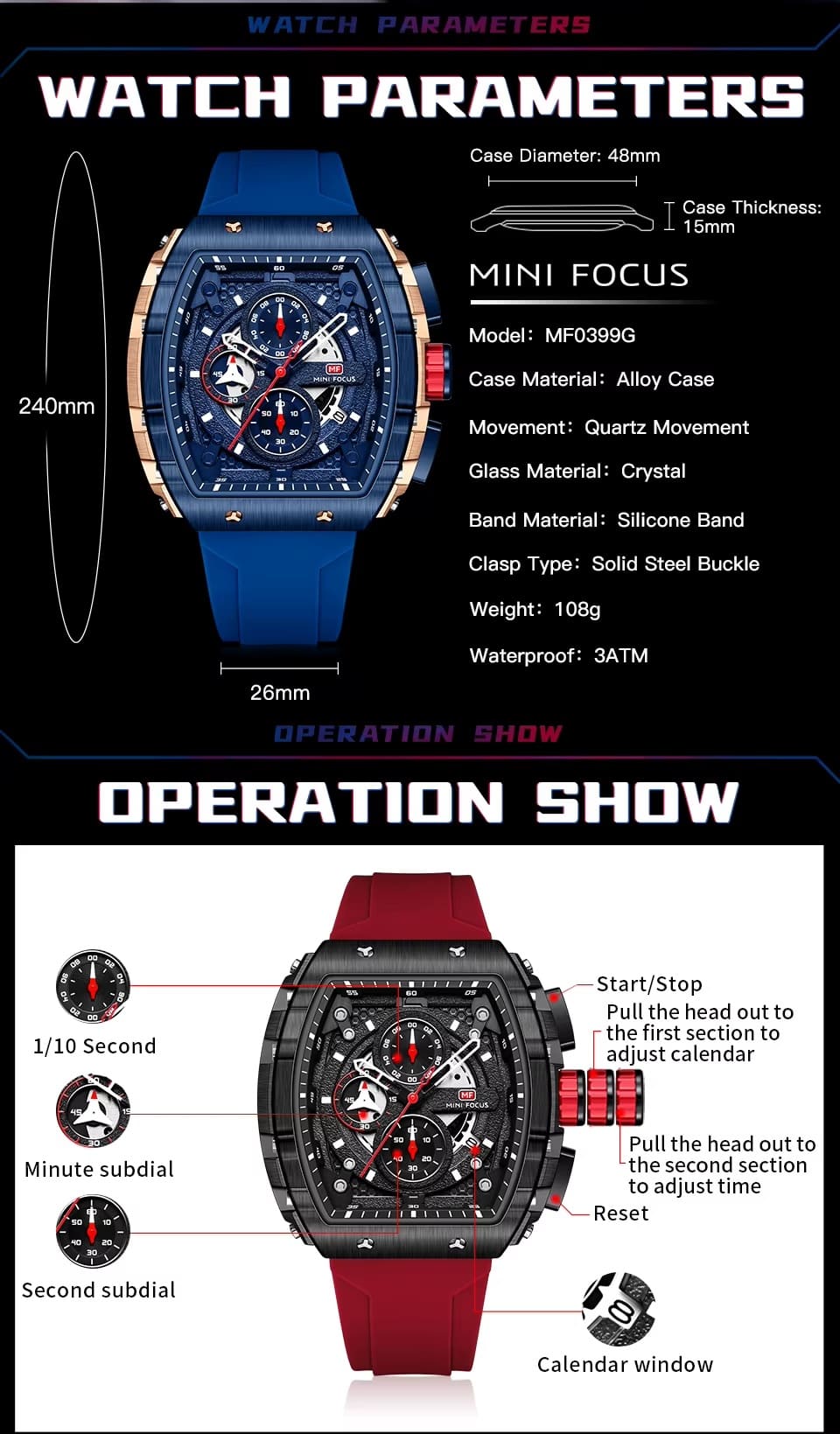 mf0399g mini focus watch for men black dial rubber orange strap quartz battery square analog chronograph 11