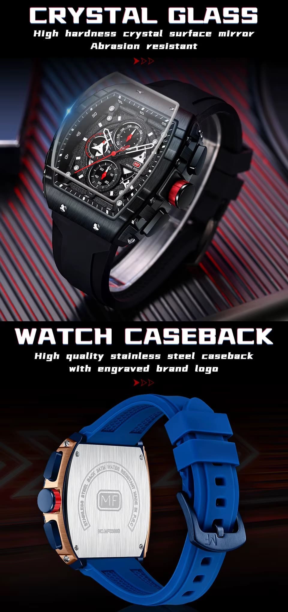 mf0399g mini focus watch for men black dial rubber orange strap quartz battery square analog chronograph 12